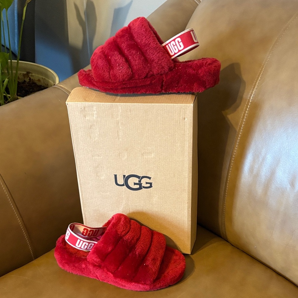 UGG Red Fluffy Slide Sandals